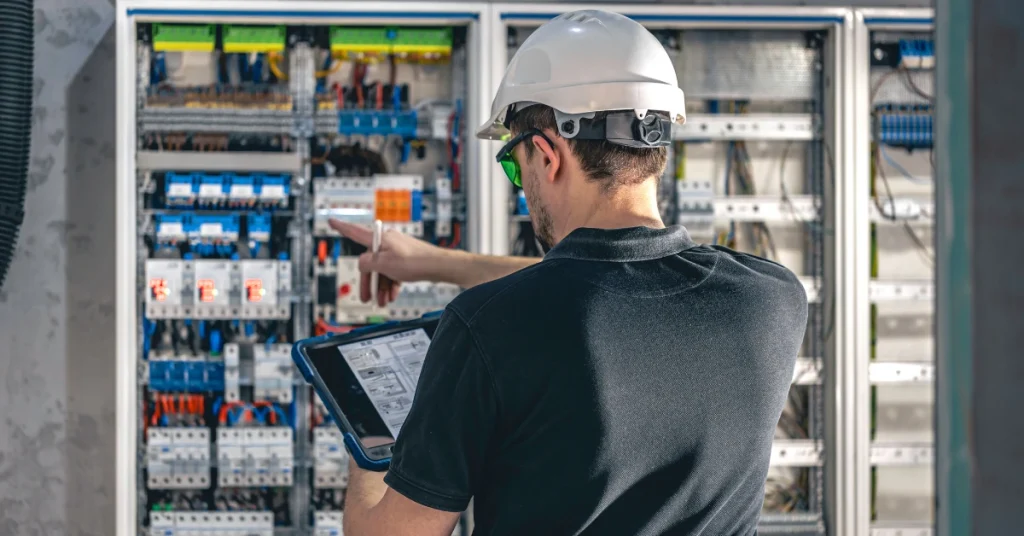 Commercial Vs Residential Electrical Services Worker Inspecting Panel Connections