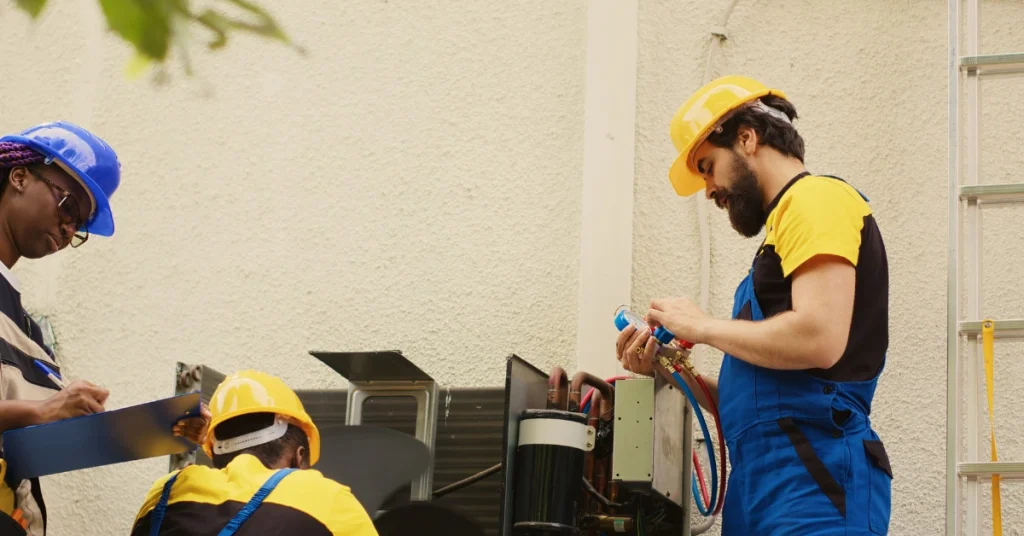 Electrical Service Company Technicians Checking Electrical Equipment