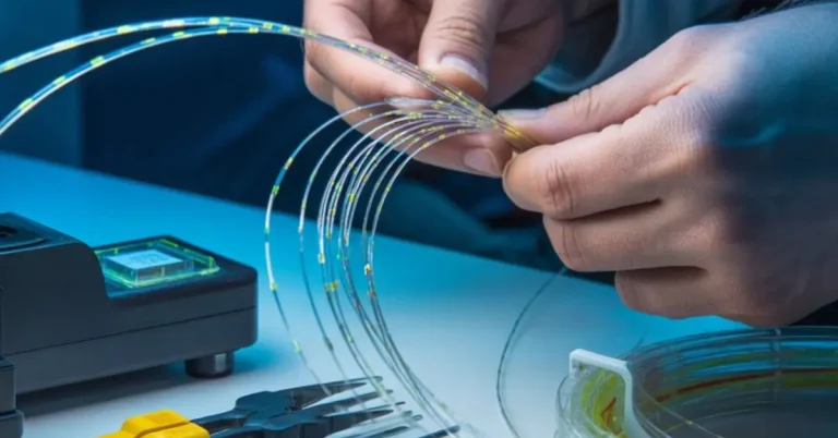 Technician Handling Fiber Cables For LED Light Installation