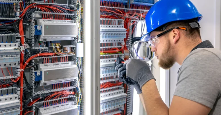 Technician performing Network Cabling Installation in electrical panel