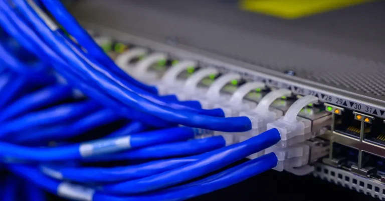 Cables Connected To Fibre Optic Internet Switch Ports
