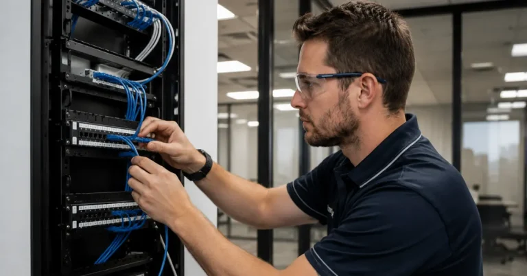 Technician installing CAT6 network cables inside a commercial office in Perth.