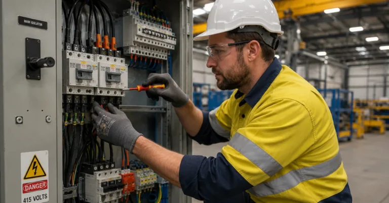 Commercial electrician performing electrical inspection on an industrial switchboard in a Perth warehouse.