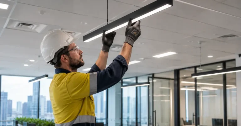 Commercial electrician installing LED lighting in a modern Perth office.