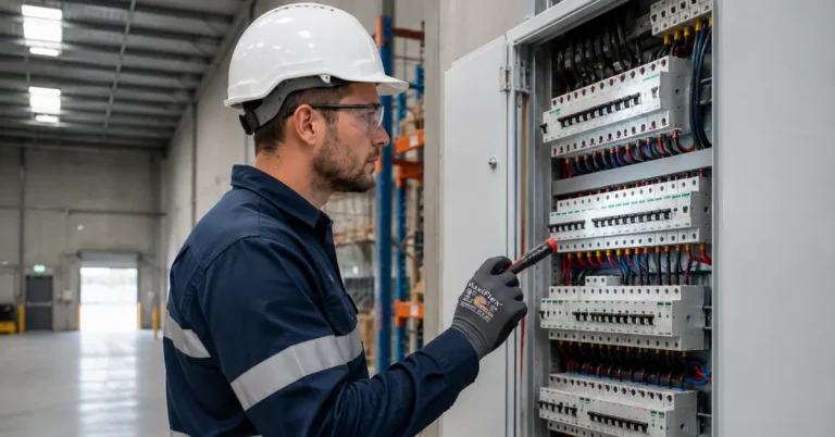 Commercial electrician installing electrical wiring during an office fit-out in Morley WA.