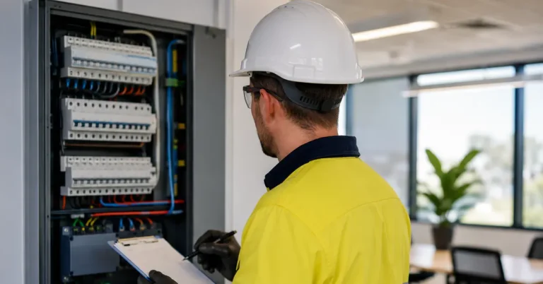 Commercial electrician performing electrical maintenance inspection in a Perth office