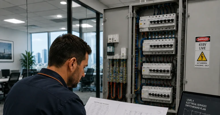 Commercial electrician assessing electrical project costs in Perth office