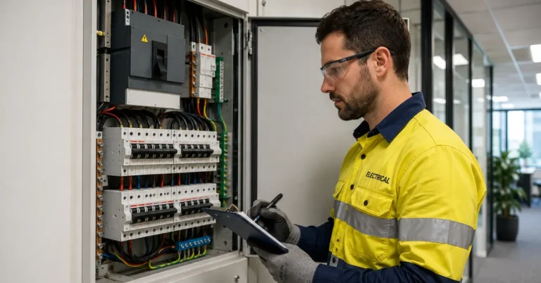 Commercial electrician assessing a switchboard upgrade in a Perth office building