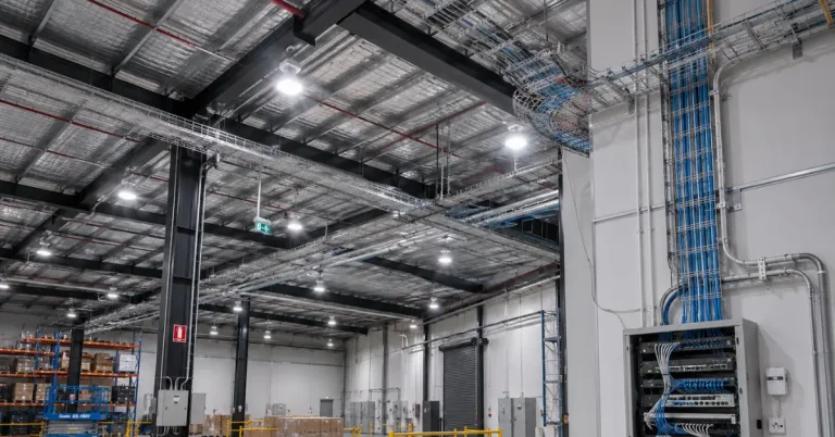Warehouse electrical fit-out in Perth with cable trays, high-bay lighting and structured cabling