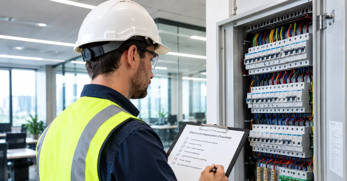 Commercial property electrical inspection with an electrician checking an electrical panel