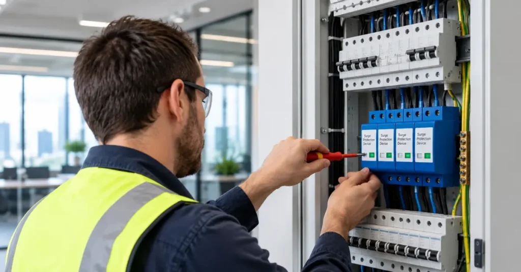 Commercial building surge protection with an electrician inspecting an electrical panel and surge protection devices.