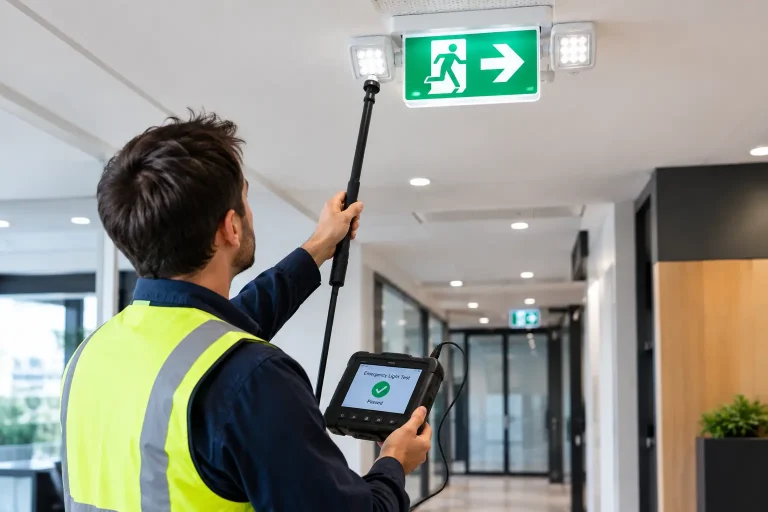 Technician testing an emergency exit light in a commercial building.