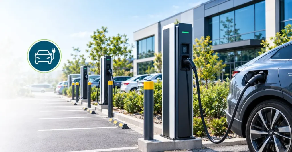 Commercial EV charger installation in a business car park with electric vehicles charging outside a modern office building.