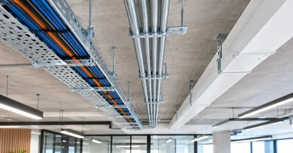 Cable trays and metal conduits carrying electrical wiring across a commercial building ceiling.