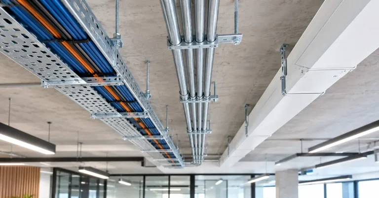 Cable trays and metal conduits carrying electrical wiring across a commercial building ceiling.