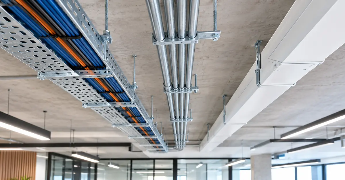 Cable trays and metal conduits carrying electrical wiring across a commercial building ceiling.