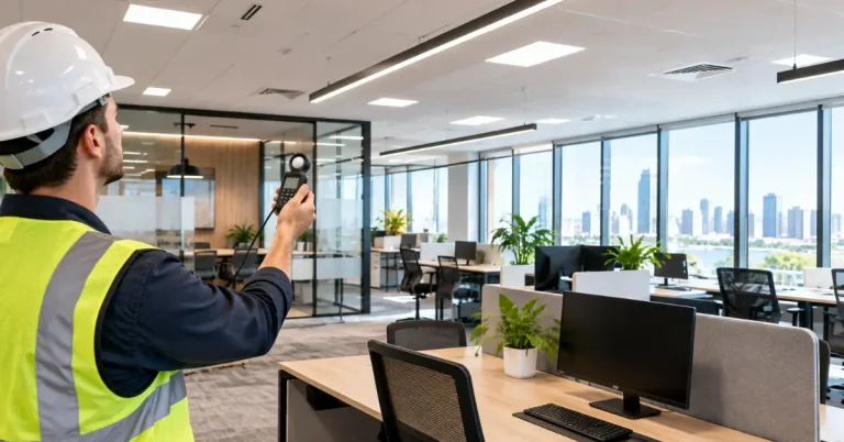 Electrician checking office lighting levels with a lux meter in a modern Australian workplace