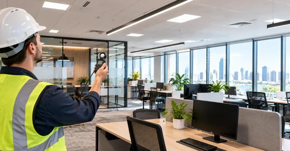 Electrician checking office lighting levels with a lux meter in a modern Australian workplace