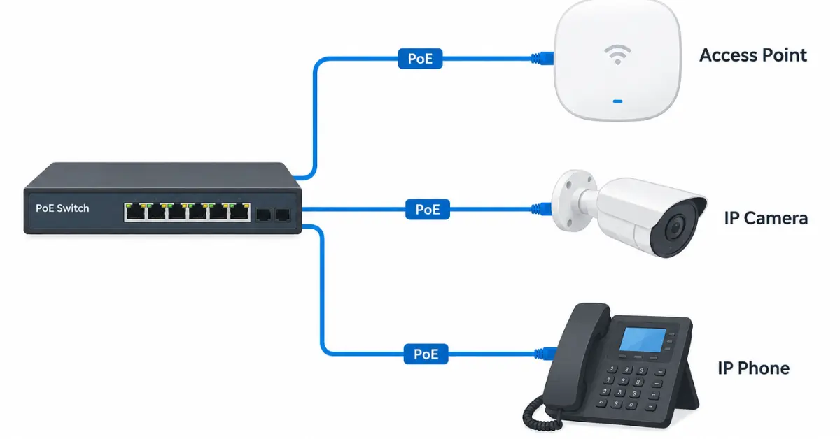 Power over Ethernet (PoE) switch connecting an access point, IP camera and IP phone through Ethernet cables.